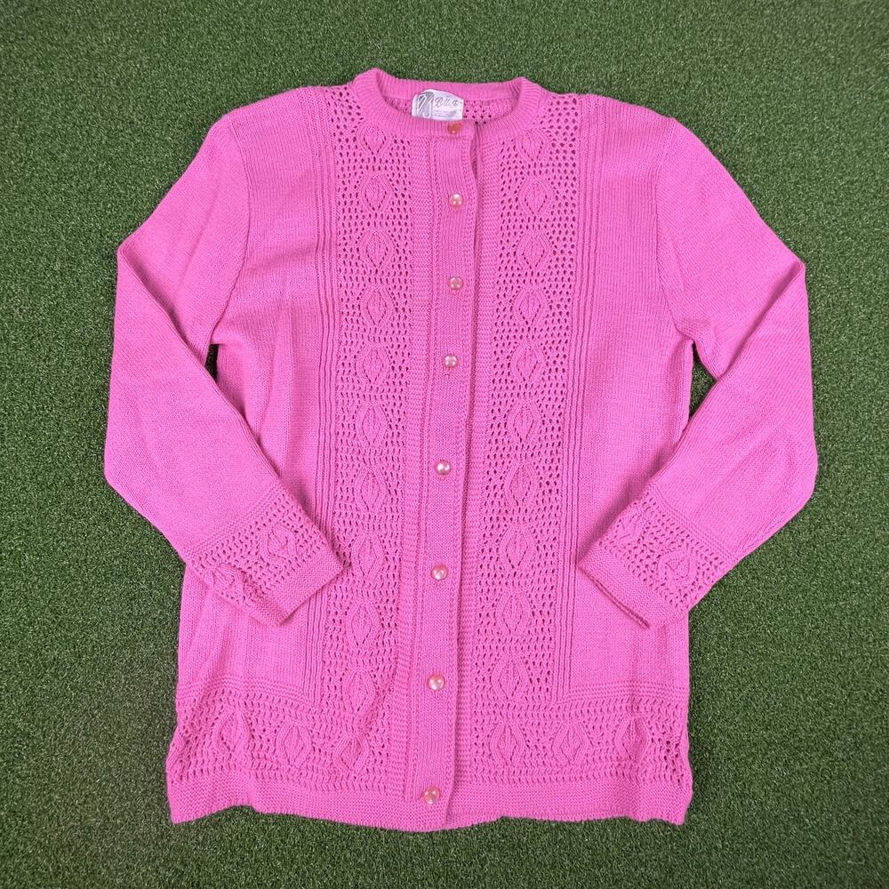 Vintage 70s B by Billie Joe Pink Pearl Button Pointelle Cardigan Sweater Sz M